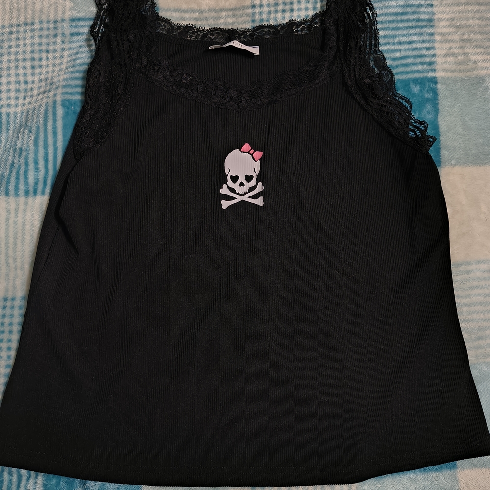Black Lace Trim Skull Tank Top
